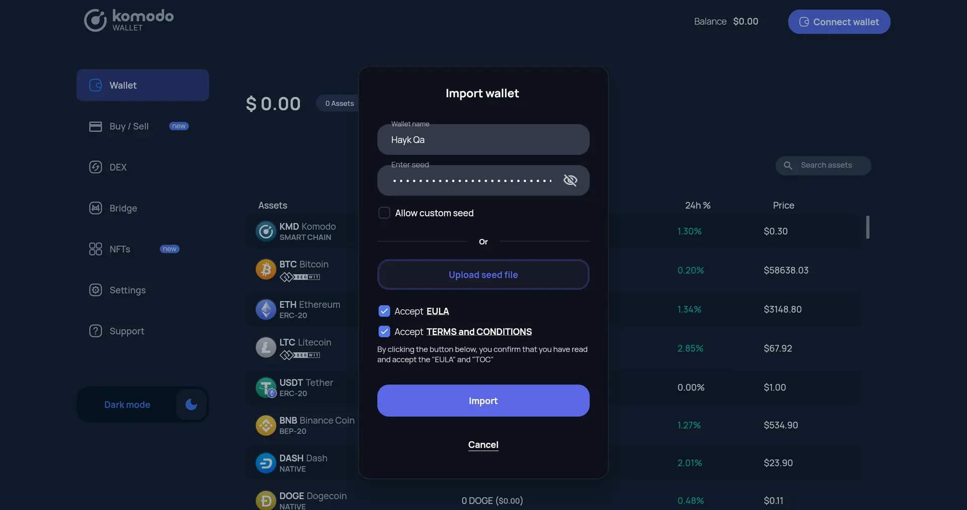  How to Import Wallet in Komodo Web Wallet